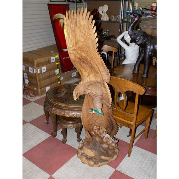LARGE HAND CARVED WOODEN FLYING EAGLE SCULPTURE