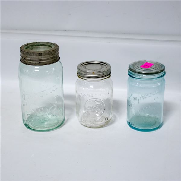 3 VINTAGE/ANTIQUE GLASS MASON JARS VARIOUS QT