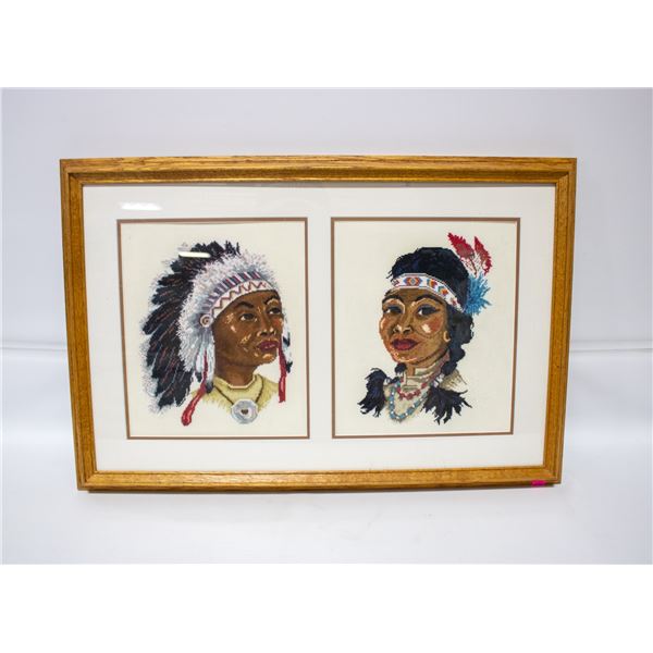 FRAMED CROSS STITCH INDIGENOUS MAN AND WOMAN
