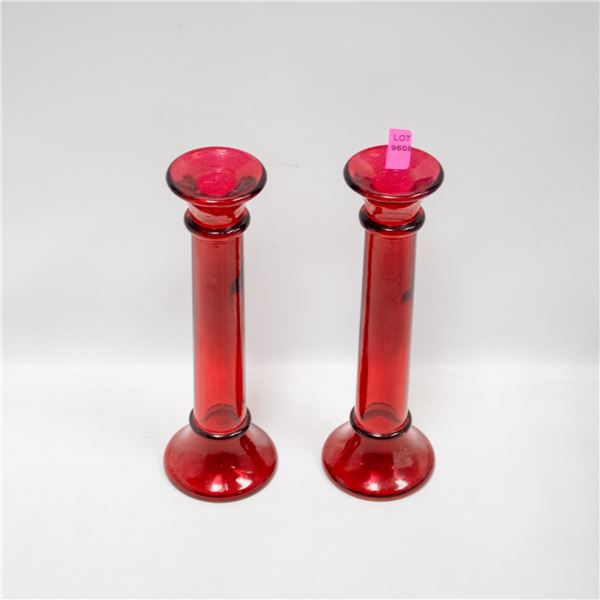 PAIR OF CRANBERRY GLASS CANDLESTICKS