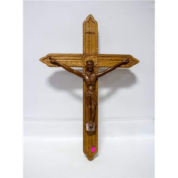 CARVED TWO TONE JESUS OF NAZARETH ON THE CROSS