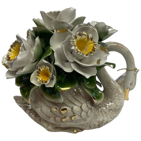 Italian Capodimonte Swan with Flowers Centerpiece * Complete with COA (12" x 13" x 9" tall)