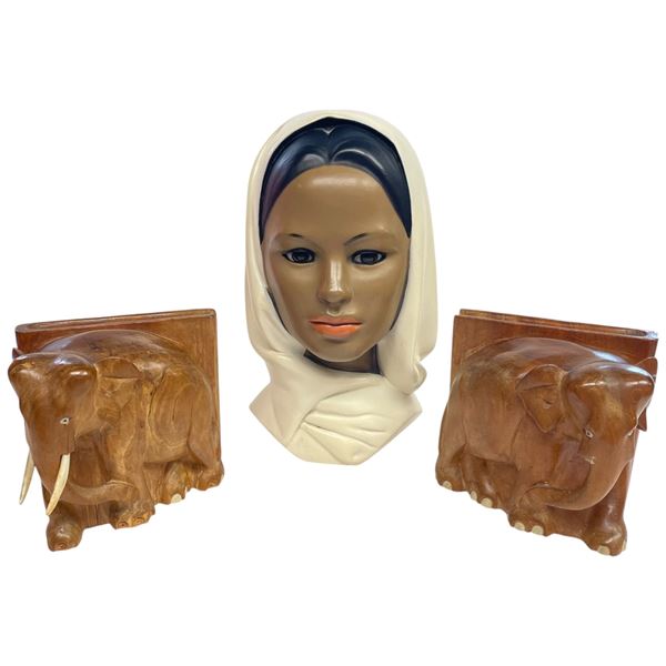 Vintage Marwal Chalkware Bust & Pair of 1950s Wood Bookends (1 bookend is missing the tusks)