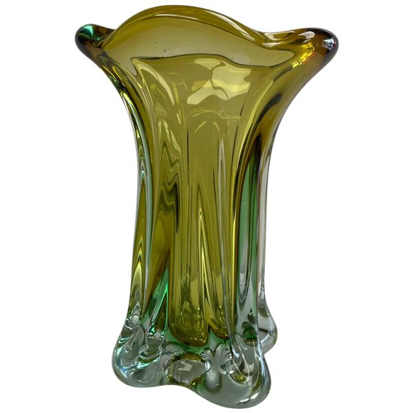 Vintage "Green to Clear" Art Glass Vase (6" x 4" x 9" tall)