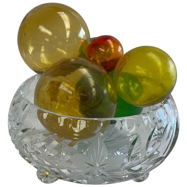 Footed Crystal Bowl with 6 Blown Glass Balls (balls range from 1.5" to 3.5")