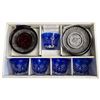 Image 2 : Japanese Cut Cobalt Crystal Glasses with Lacquered Coasters Set in Original Box