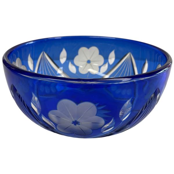Vintage Bohemian Cobalt to Clear Cut Crystal Bowl with Floral Design