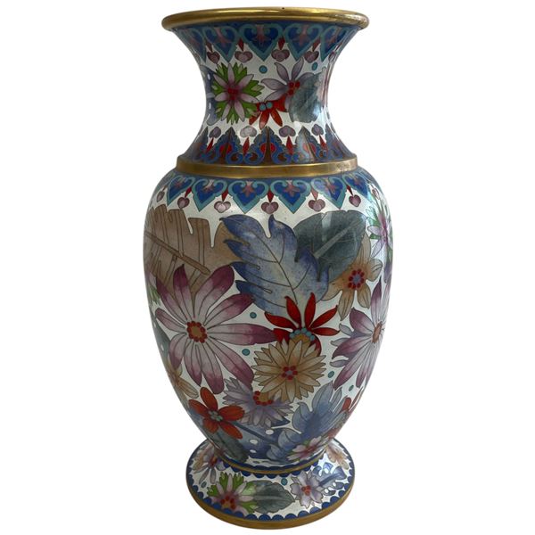 Cloisonné Enamel Vase with Foral and Leaf Pattern. (12" tall x 7.5" diameter)