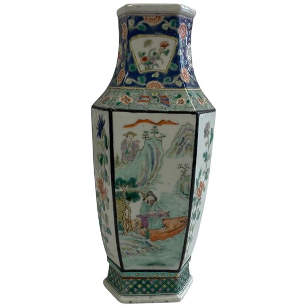 Vintage Chinese Famille Verte Hexagonal Porcelain Vase (4" x 5" x 10" tall)