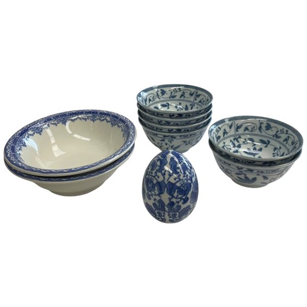 Chinese & British Blue & White Bowls & Porcelain Egg