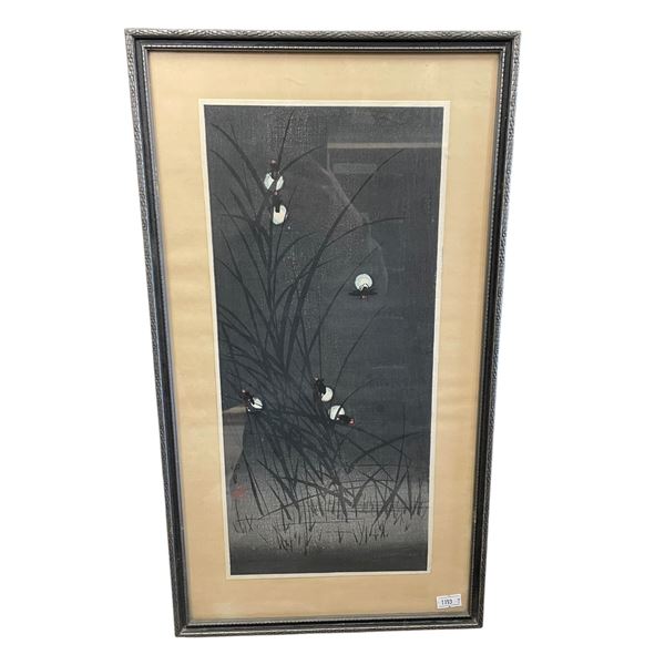 Vintage Ito Sozan, Japanese Print "Fireflies and Reeds" (Frame  dimensions: 10" x 19")