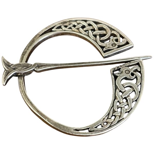 Sterling Silver Celtic Penannular Cloak Pin with Dragon & Knotwork Design - 39 mm diameter (Weight: