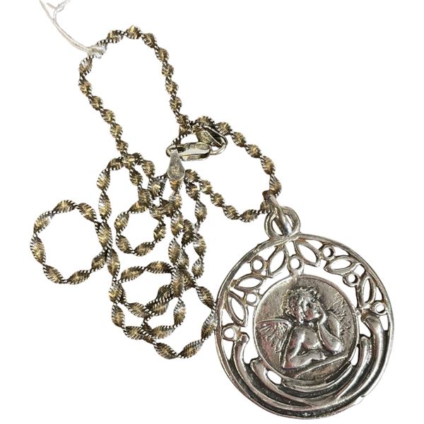 Sterling Silver Angel Pendant on 18" Sterling Chain  - Pendant is 1.5" diameter (Total weight: 14.5