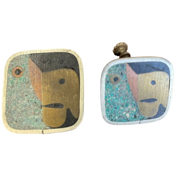Taxco Mexico Modernist Bird Head Brooch & Single Earring * Sterling Silver with Inlay (earring is sc