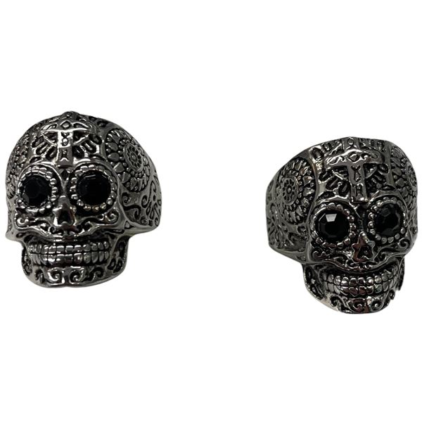 2 New Metal Skull Rings with Faceted Gemstone Eyes (Both are size 11)