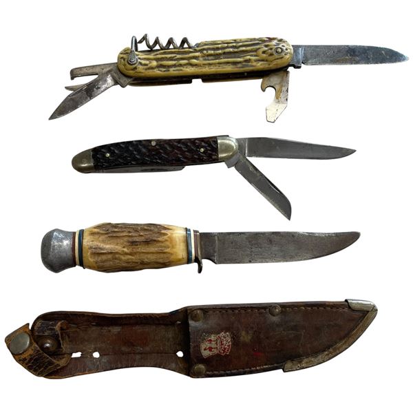 2 Pocket Knives & 1 Vintage 3" Knife with Sheath