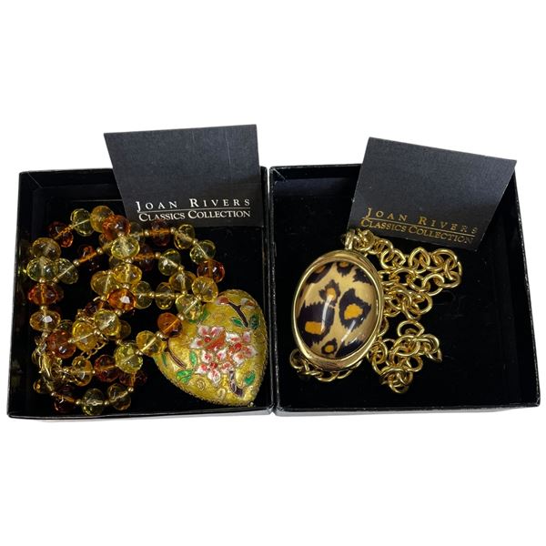 2 Vintage Joan Rivers Classic Necklaces in Boxes with Inserts (Gold-Tone Leopard Print Pendant on 18