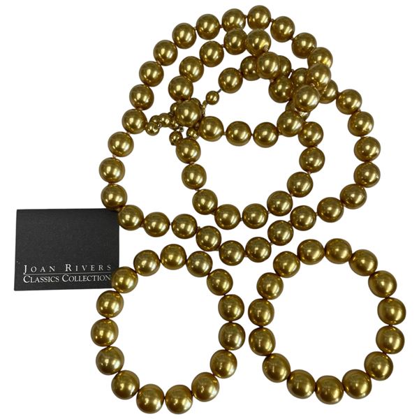 Vintage Joan Rivers 34" Faux Pearl Gold Tone Necklace with 2 Matching Bracelets (13.9 mm beads) - Or