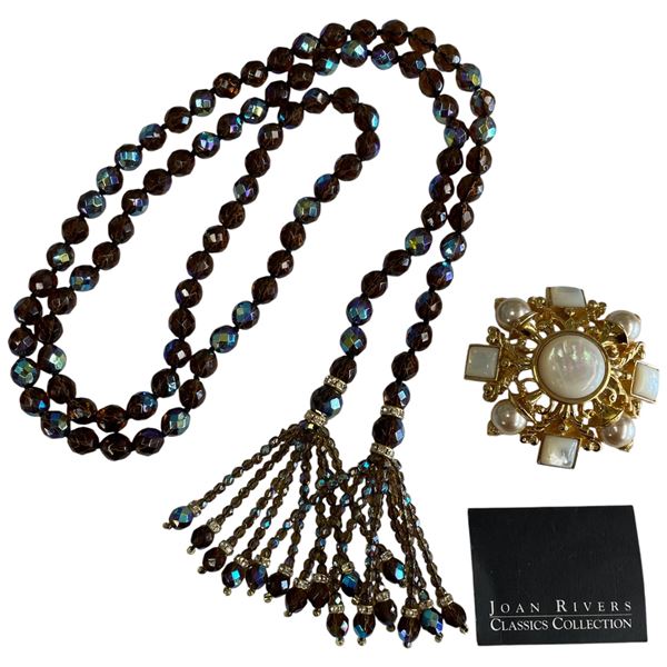 Vintage Joan Rivers 42" Crystal Bead Tassel Necklace & Maltese Cross Brooch (Brooch is 3" diameter)