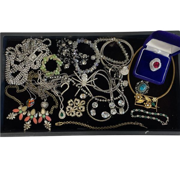Tray of Rhinestone & Costume Jewelry - Some vintage (Display tray not included)