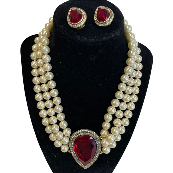 Stunning Heidi Daus Red Tailored Teardrop Crystal Faux Pearl Necklace & Clip Earrings - Fully Hallma