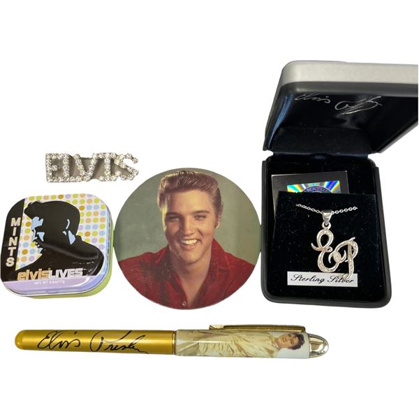 Group of Elvis Presley Items - Sterling Silver "EP" Necklace, Pen, Rhinestone Brooch, Tin & Coaster