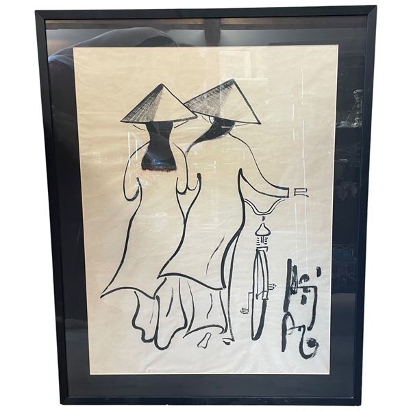 Framed Minimalist Line Painting of Women with Bicycle * Believed to be Vietnamese (Frame dimensions: