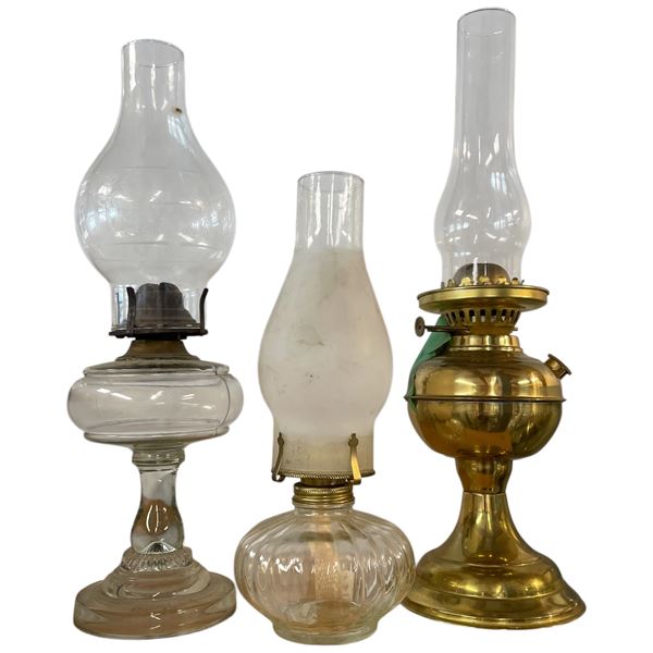 3 Antique Kerosene Lamps with Chimneys