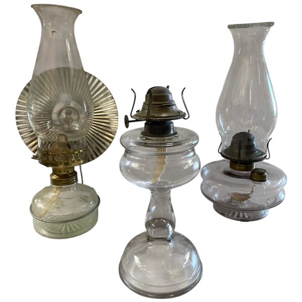 3 Antique Kerosene/Oil Lamps & 2 Chimneys