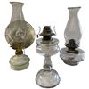 Image 1 : 3 Antique Kerosene/Oil Lamps & 2 Chimneys