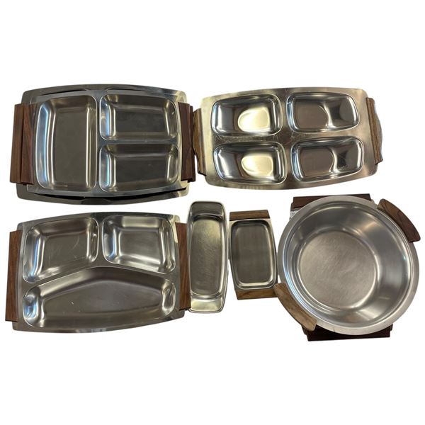 Group of 1970s Danish Modern Serving Trays and Dishes - Metal construction with wood accent handles