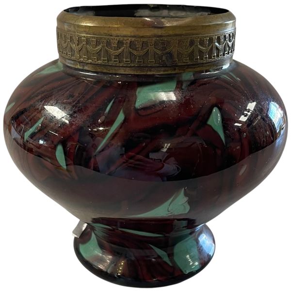 Coloured Art Glass Vase with Brass Rim (6" tall x 7" diameter)