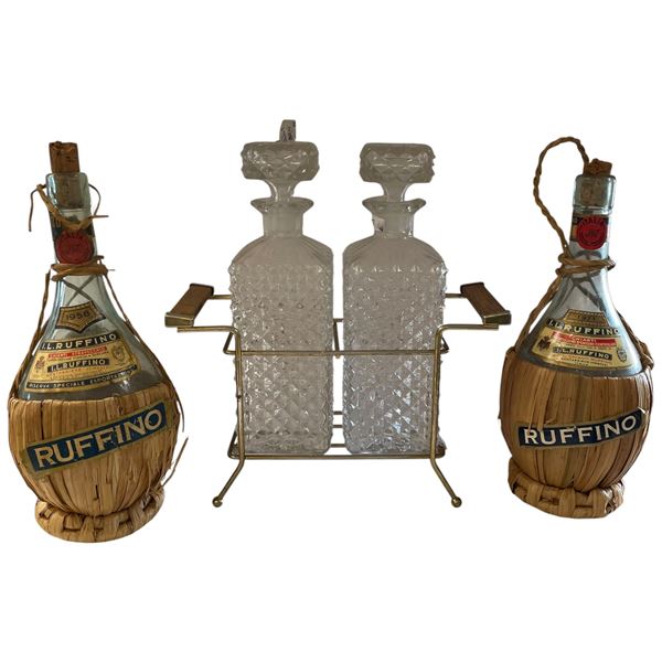 Pressed Glass Decanter Set & 1958 and 1971 Ruffino Bottles
