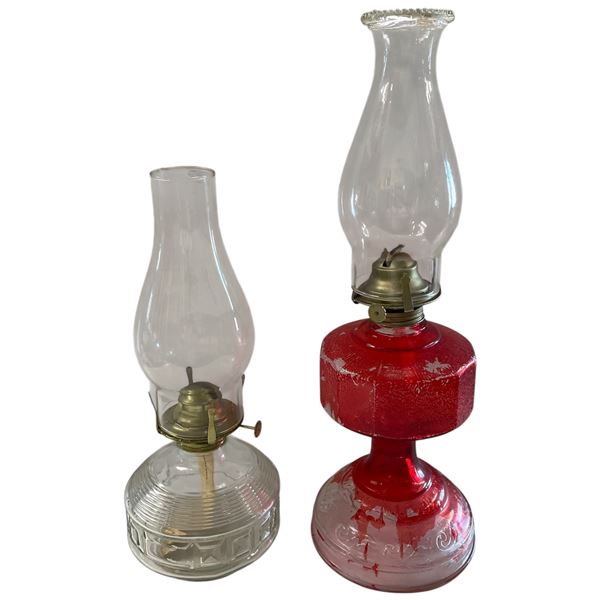 1 Red Flash Glass & 1 Pressed Glass Kerosene/Oil Lamps with Chimneys