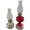 Image 1 : 1 Red Flash Glass & 1 Pressed Glass Kerosene/Oil Lamps with Chimneys
