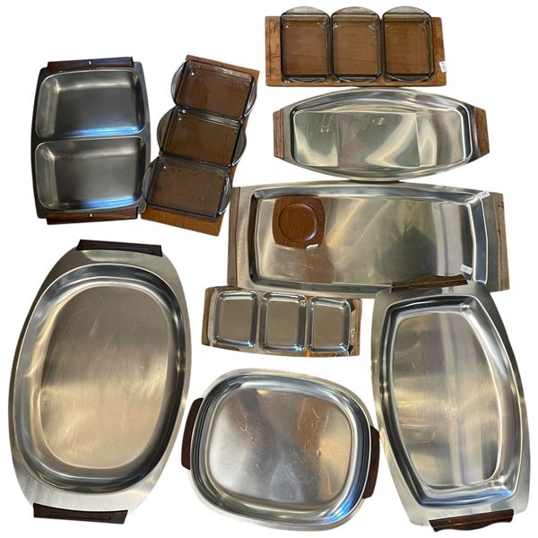 Group of 1970s Danish Modern Serving Trays and Dishes - Metal with wood accent handles and wood with