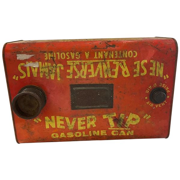 Vintage Bilingual  "Never Tip" Boat Gas Can * 2 Gallon Size