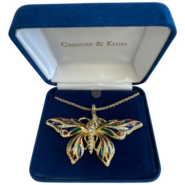 Camrose & Kross JBK Enameled Butterfly Brooch/Pendant on Chain in Velvet Box with COA - Never Worn