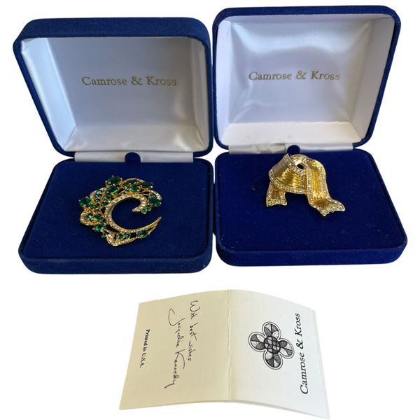 2 Camrose & Kross JBK Brooches - Green Crystal Crescent & Ribbon with Rhinestones