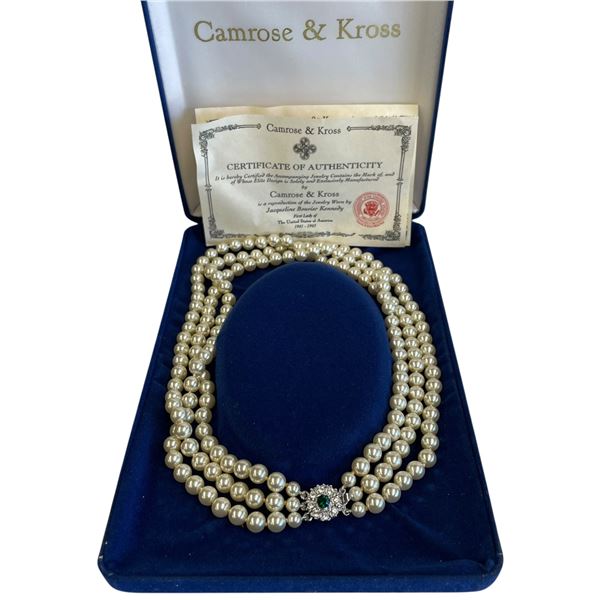 Camrose & Kross JBK Triple Strand Faux Pearl Necklace with Emerald Crystal Clasp