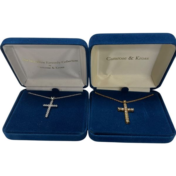 2 Camrose & Kross JBK Crystal Cross Necklaces - 1.5" Gold-Tone & 1.25" Silver-Tone
