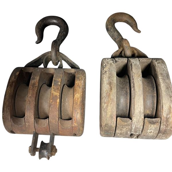 2 Large Vintage Rustic Wood Pulleys for Block & Tackle