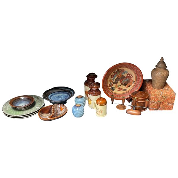 Shelf Lot of Art Pottery, Ceramics and Wood Items