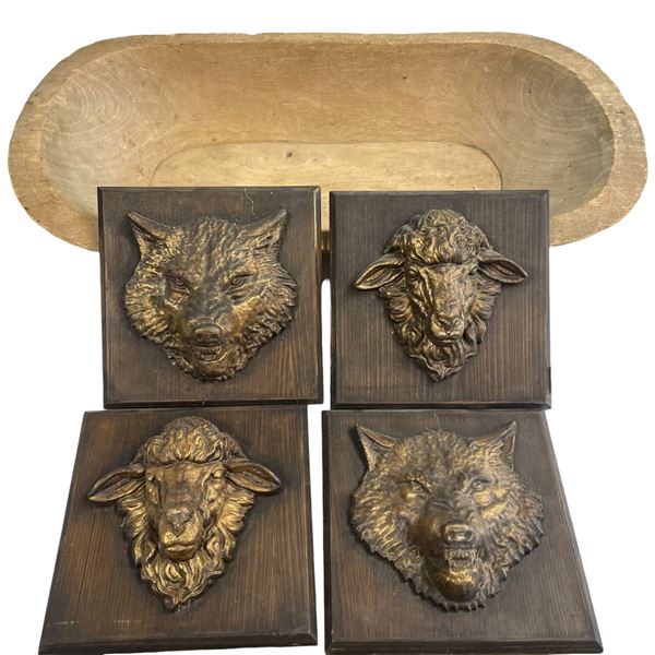 Wood Trencher & 4 Animal Head Plaques (formed resin on wood)