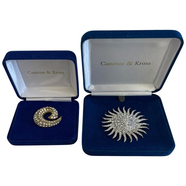 2 Camrose & Kross JBK Brooches - 3" Crystal Sun Burst and Swirl with Crystals