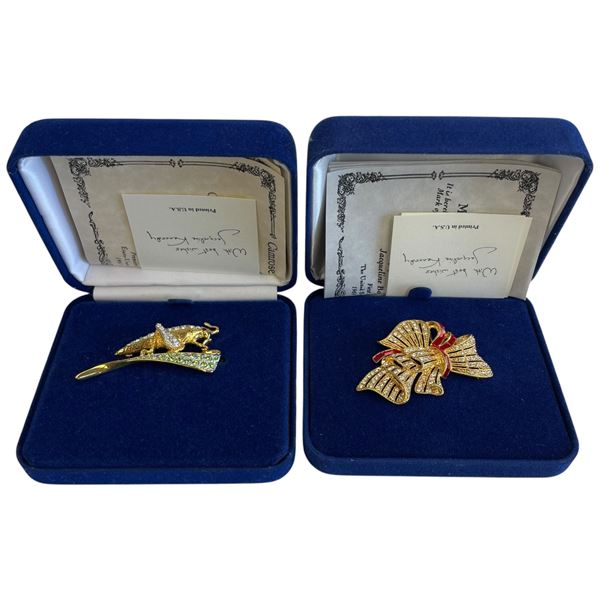 2 Camrose & Kross JBK Brooches - Red & Clear Crystal Bow and Cricket on Leaf