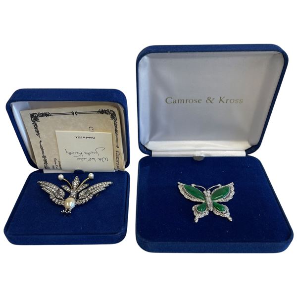 2 Camrose & Kross JBK Brooches - Crystal & Faux Pearl Eagle & Jade & Crystal Butterfly