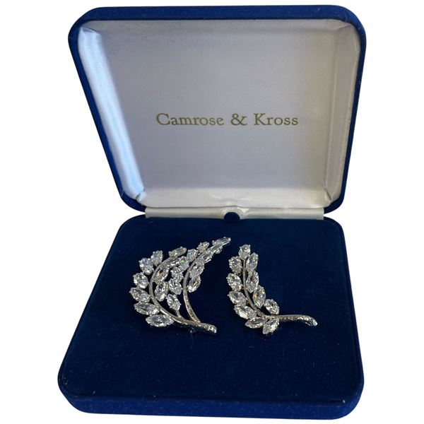 Set of 2 Camrose & Kross Crystal Leaf Brooches - One Single & 1 Double Stem