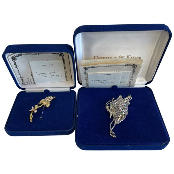 2 Camrose & Ross JBK Crystal Brooches - Iridescent Butterfly & Flower