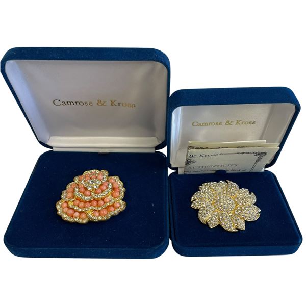 2 Large Camrose & Ross JBK Crystal Brooches - Clear Crystal Flower & Faux Coral & Crystal Flower